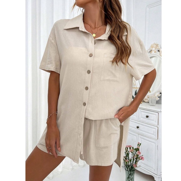 2 Piece Set: Beige Button Down Shirt and Shorts - Picture 5 of 7